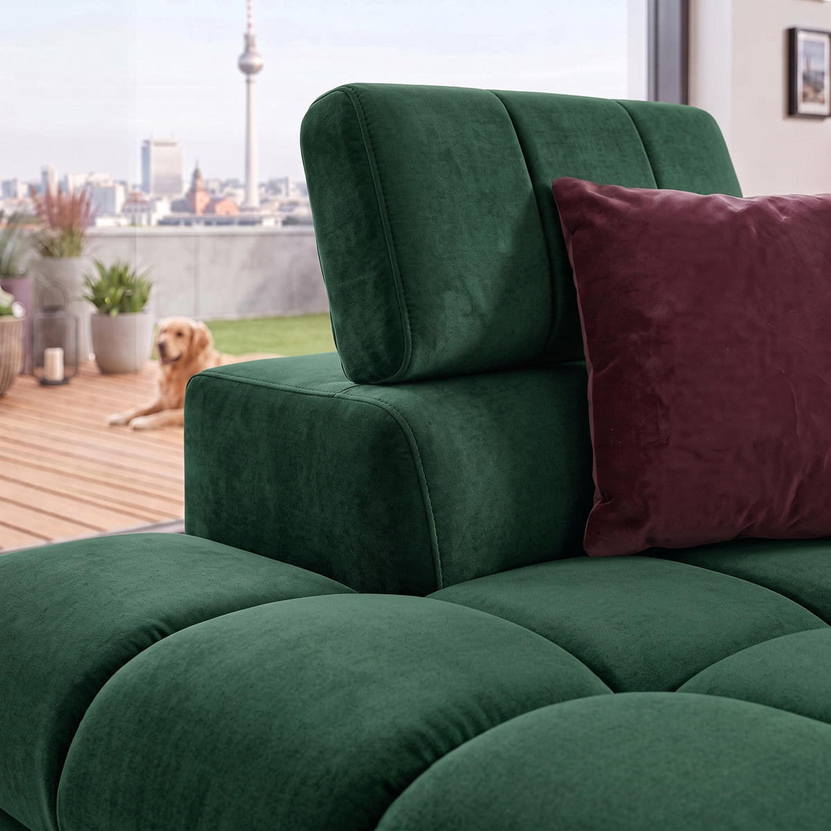 ECKSOFA PUDDING MAXI L Links mit Schlaffunktion 125x195 Velours Grün - Schwarz/Grün, Holz/Textil (203/350cm) - Muffo