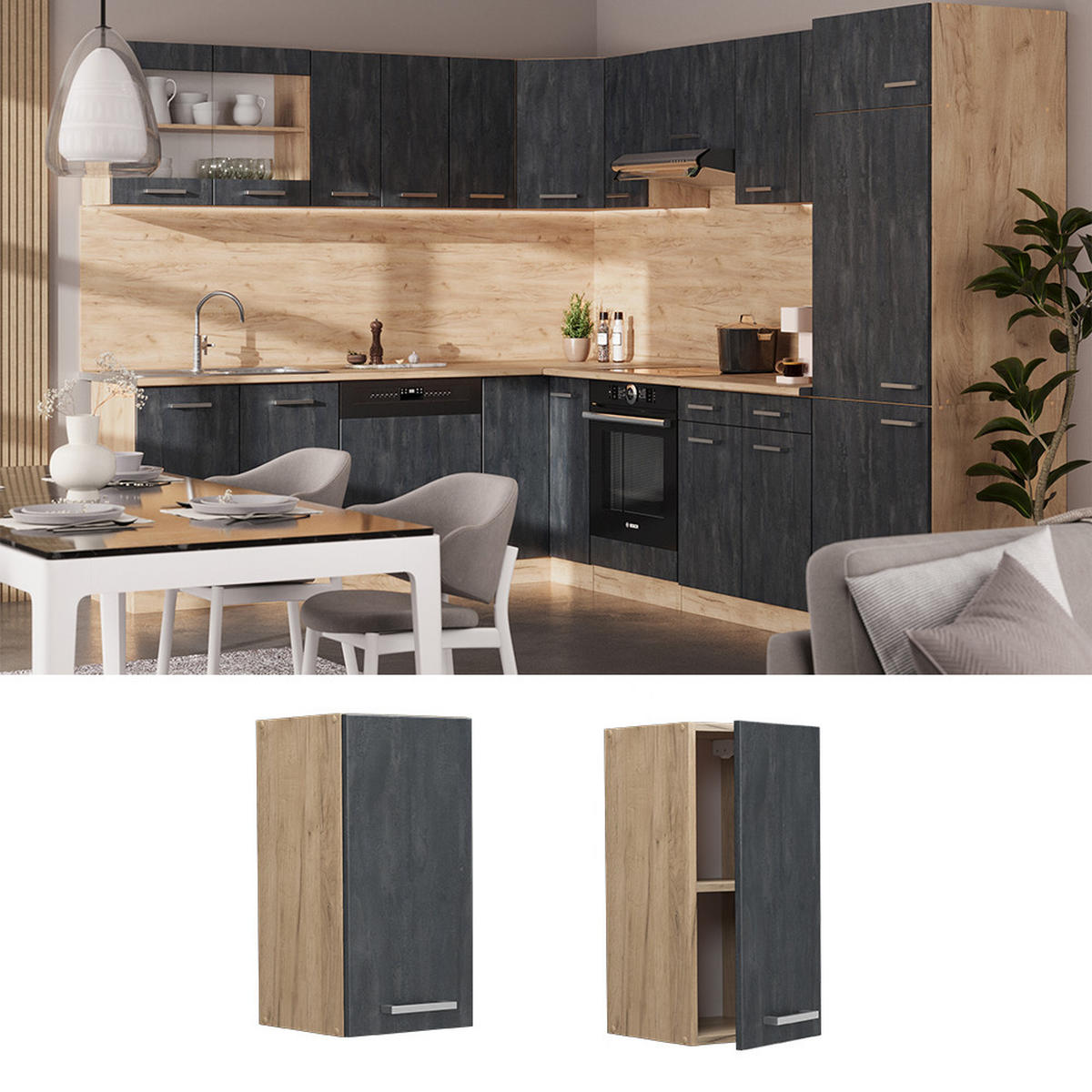 HÄNGESCHRANK R-Line Schwarz Beton 30 cm - Honigeiche/Eiche Wotan, Holzwerkstoff (30/60/31cm) - Vicco