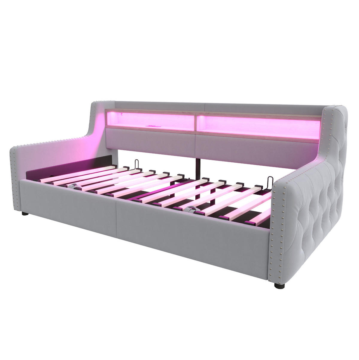 SCHLAFSOFA 90/200 cm hellgrau aus Samt mit LED, Stauraum und USB - Hellgrau, Textil (90/200cm) - OKWISH