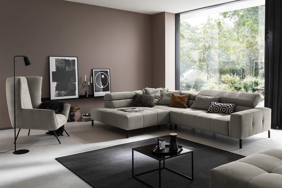 ECKSOFA MIT MOTORISCHEM SITZVORZUG OHIO Grau Cord - Schwarz/Grau, Textil/Metall (311/219cm) - KAWOLA