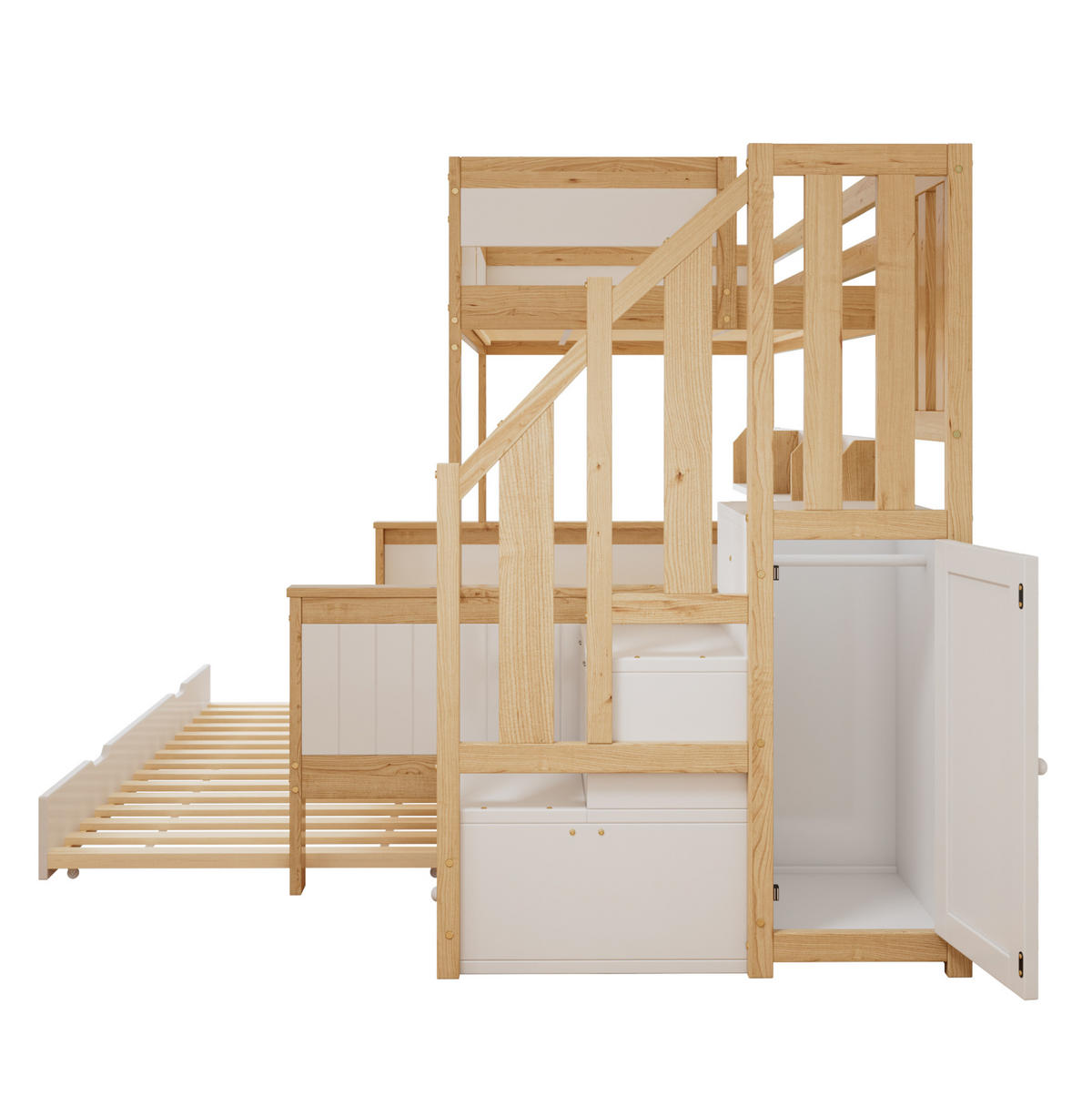 ETAGENBETT aus Kiefer und MDF 90x200/120x200 cm Weiß/Natur mit Rollbett, Stauraumtreppe und Kleiderschrank - Weiß, Holzwerkstoff (90/200cm) - Modfu