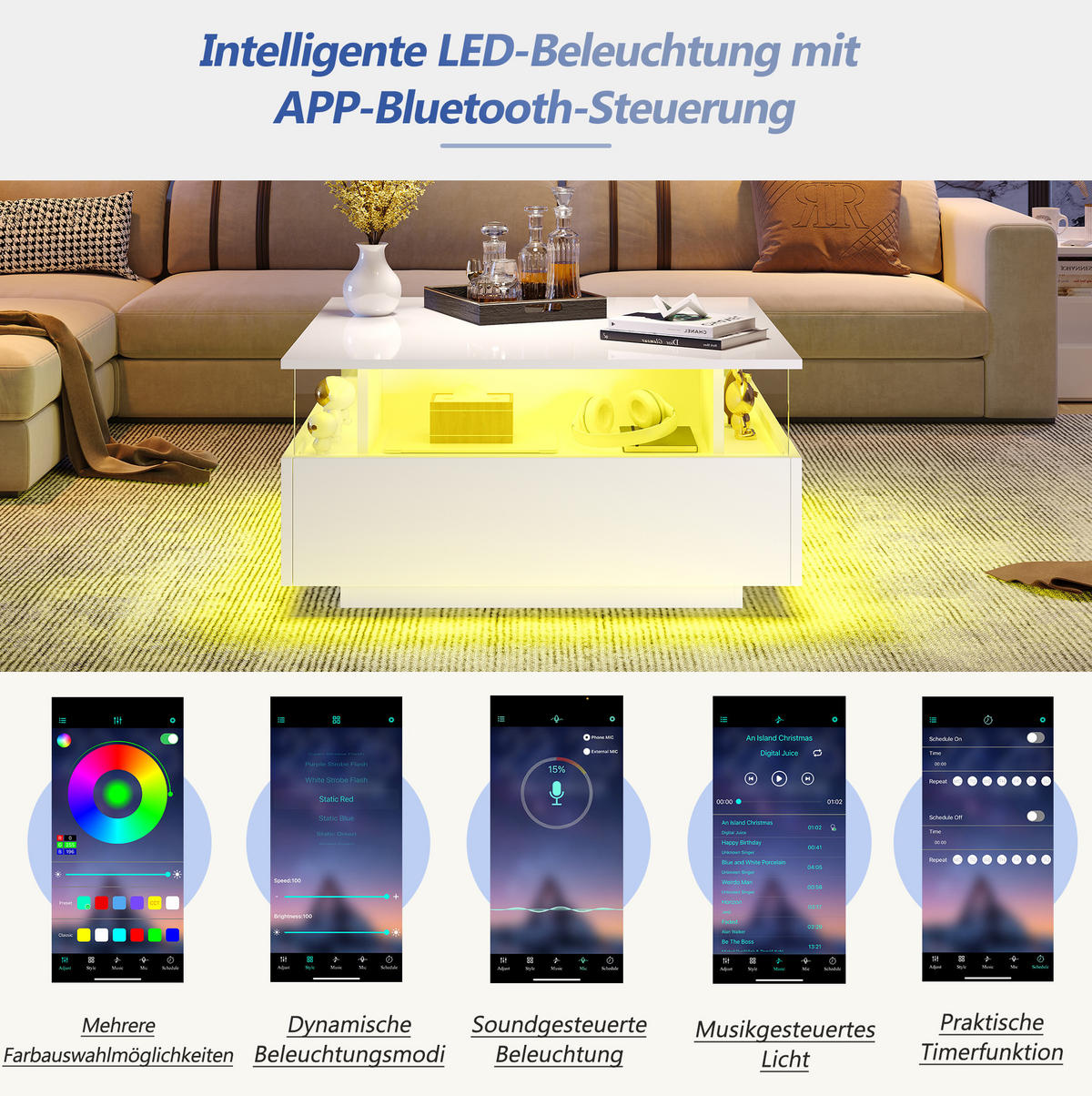COUCHTISCH 70/70/41 cm weiß aus Spanplatte mit LED-Beleuchtung und 2 Schubladen - Weiß, Holzwerkstoff (70/70/41cm) - OKMYHOME