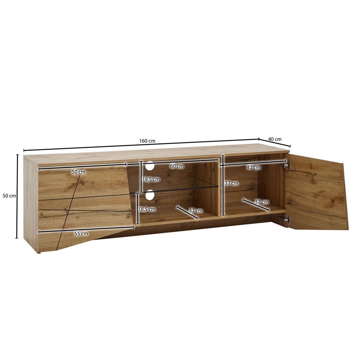 LOWBOARD Eiche-Dekor Modern Stil für 70-Zoll Fernseher mit Glasablage - Braun, Holz (160/50/40cm) - KADIMA DESIGN