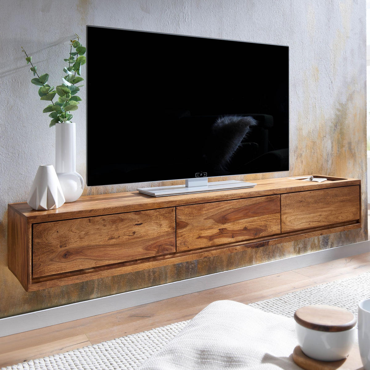 LOWBOARD Massivholz Modern Stil Hängend für 65-Zoll Fernseher mit 3 Schubladen - Braun, Holz (160/25/35cm) - KADIMA DESIGN