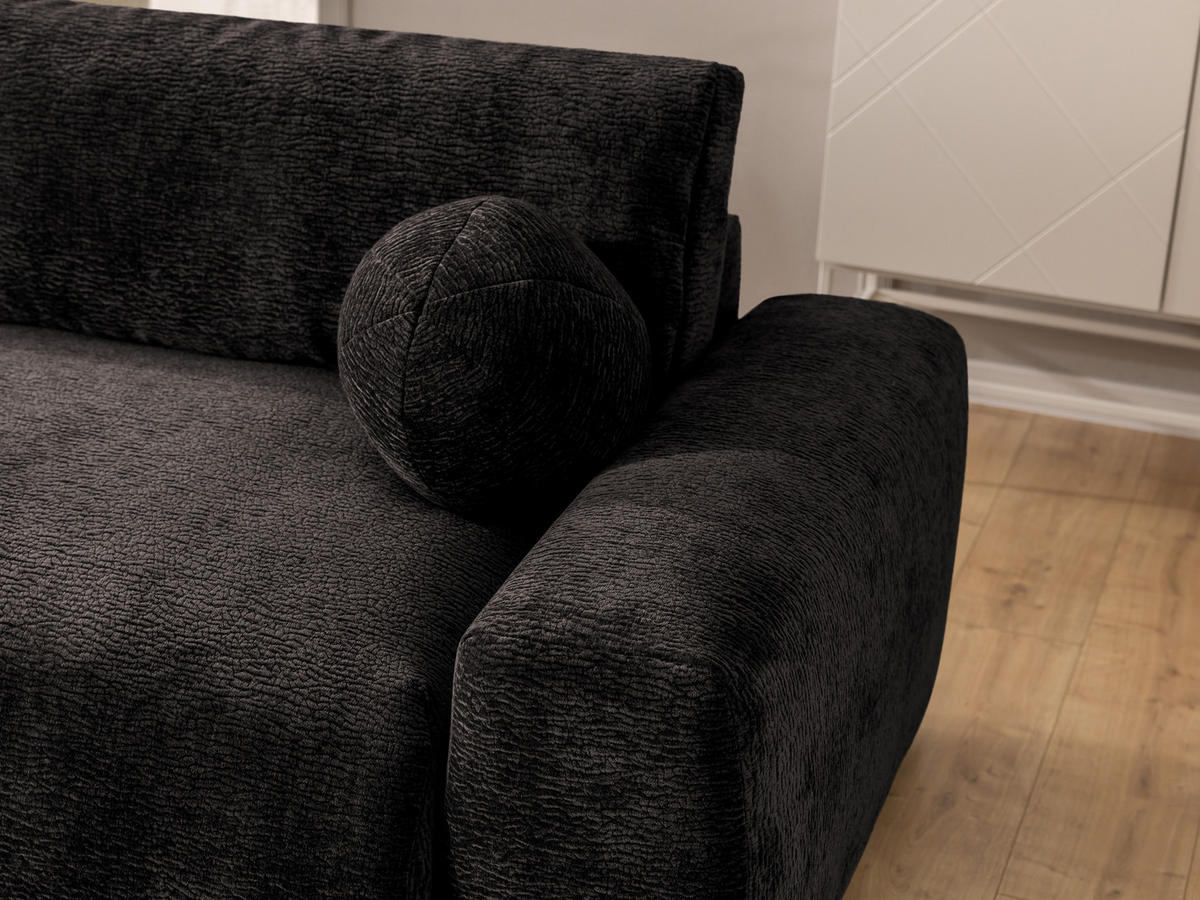 ECKSOFA Puffy mit Schlaffunktion und Bettkasten - besonders weich und puffig aus Braun Stoff mit Chenillestruktur - Ottomane links - Schwarz/Braun, Holz/Kunststoff (138/266cm) - S-Style Möbel