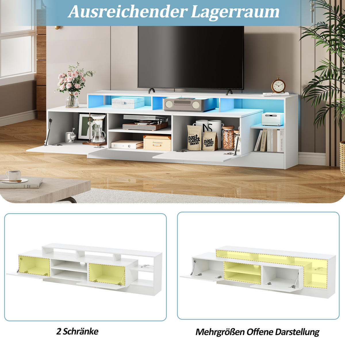 TV-LOWBOARD 190/40/48,5 cm mit LED-Beleuchtung, Hochglanzfront und Stauraum aus Spanplatte, Weiß - Weiß, Holzwerkstoff (190/48.5/40cm) - Redom