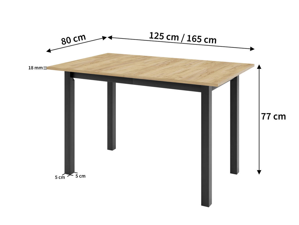 ESSTISCH ENZO P Ausziehbar 125 - 165 / 80 x 77 cm - Goldfarben/Schwarz, Holz (125/80/77cm) - MASSENO