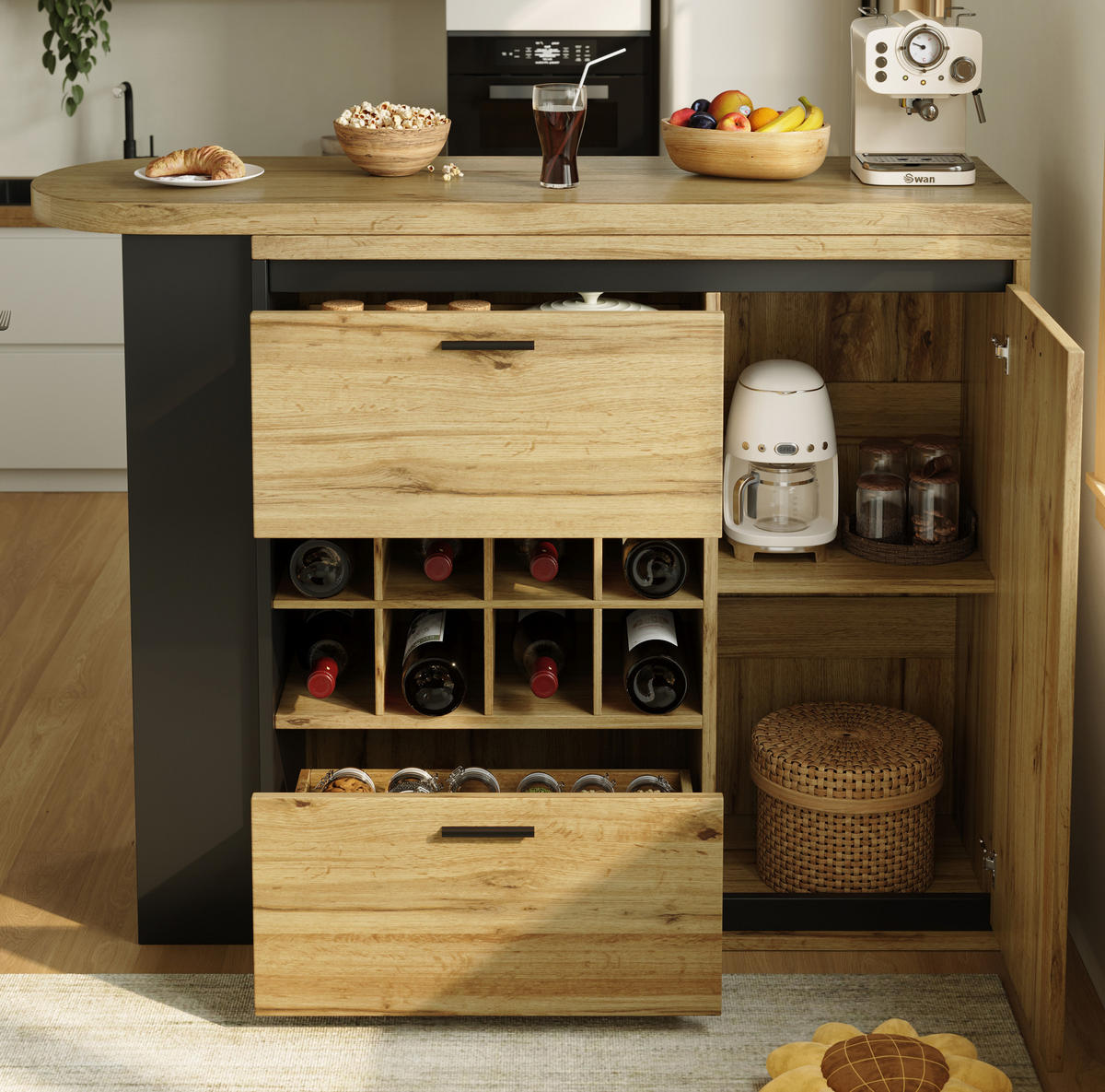 ESSTISCH 138-220/39/105 cm ausziehbar mit 2 Schubladen, Weinregal und offenen Fächern, Holzfarben - Naturfarben, Holzwerkstoff (138/39/105cm) - Redom