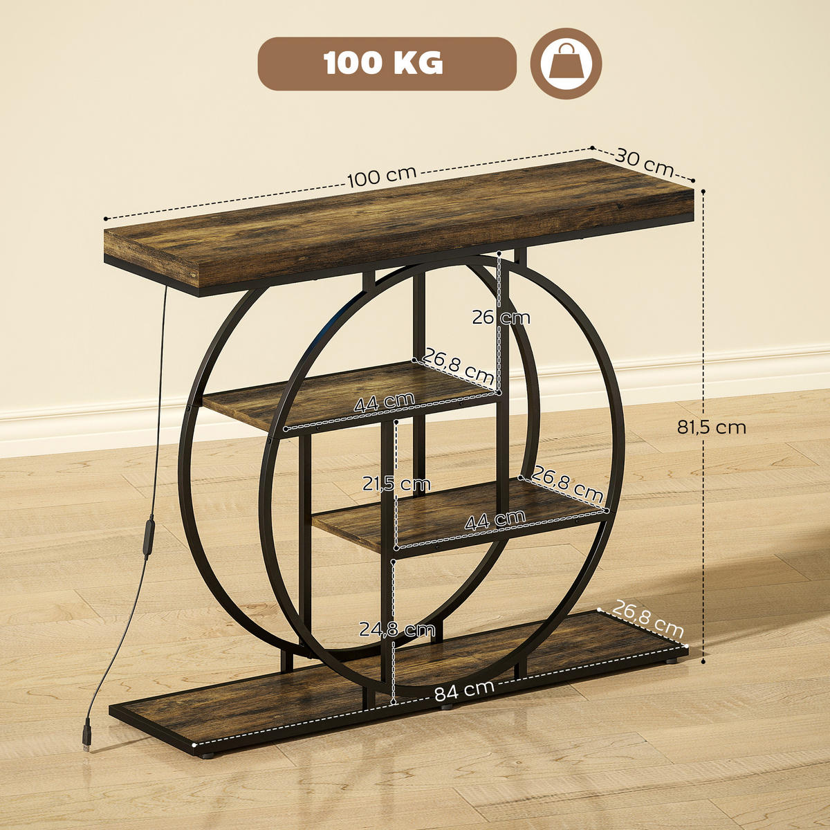 KONSOLENTISCH DE-16808 Rustikales Braun & Schwarz - Braun, Holzwerkstoff (100/30/81.5cm) - ComfortXL