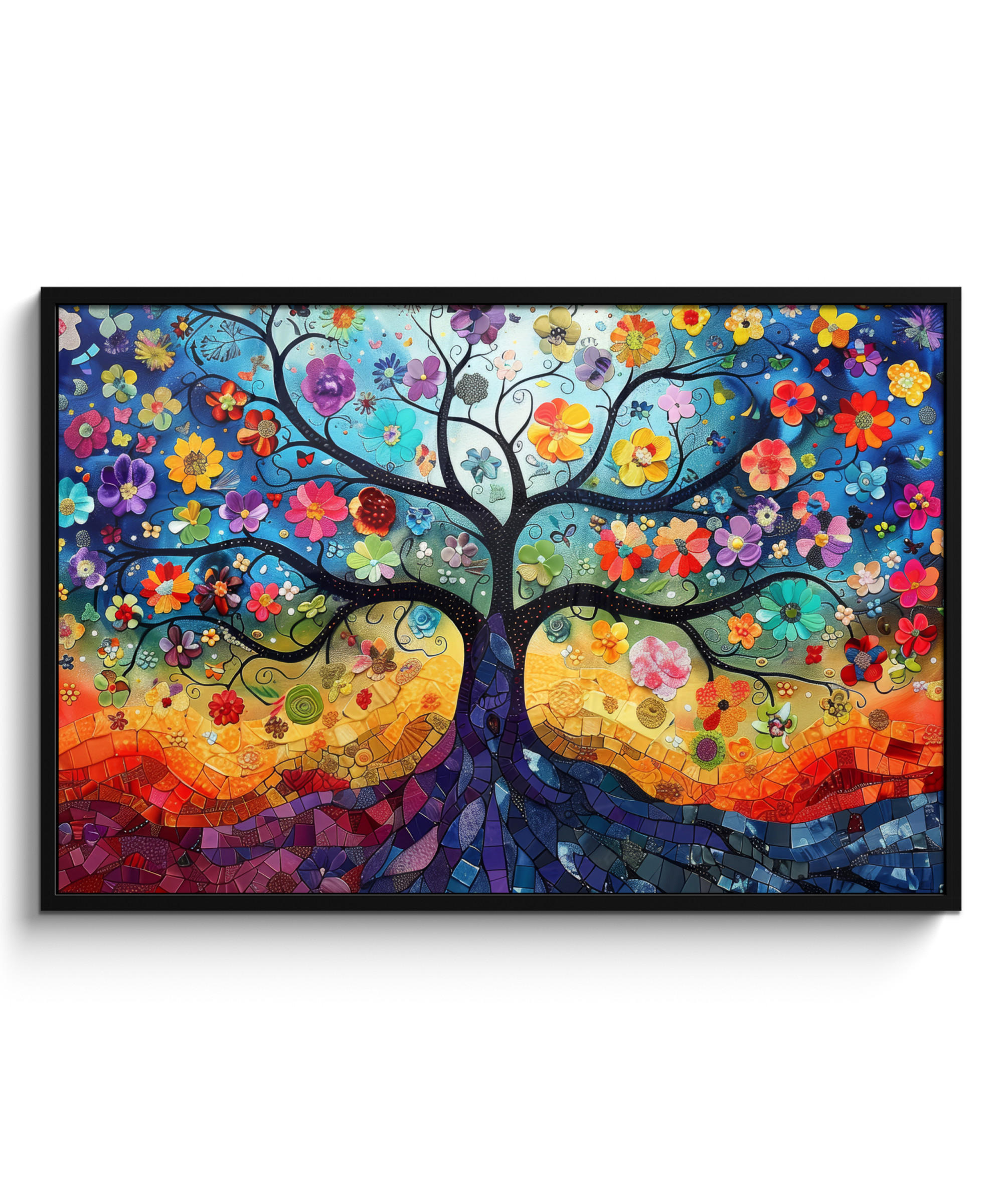 ZARÁMOVANÝ PLAGÁT Umenie - Strom života - Kvety - Hippie 120x80 cm - tmavomodrá, papier (120/80cm) - MuchoWow