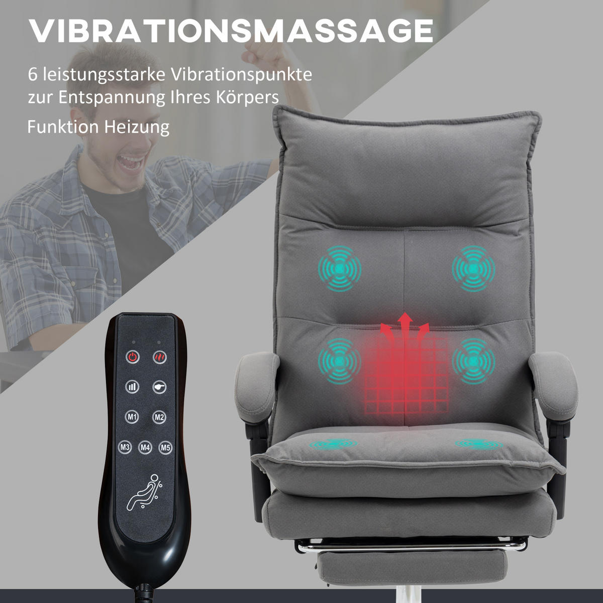 DREHSTUHL, Massage & Heizfunktion, ergonomisch, 66/74/114-121,5 cm, grau - Grau, Kunststoff (74/121.5/66cm) - Redom