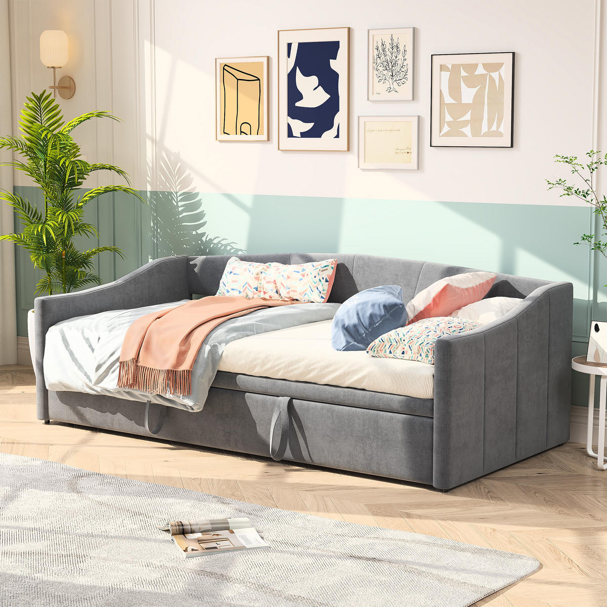 SCHLAFSOFA 90/180x200 cm Tagesbett aus Samt, ausziehbar - Grau, Holz/Metall (180/200cm) - PARAFTA HOME
