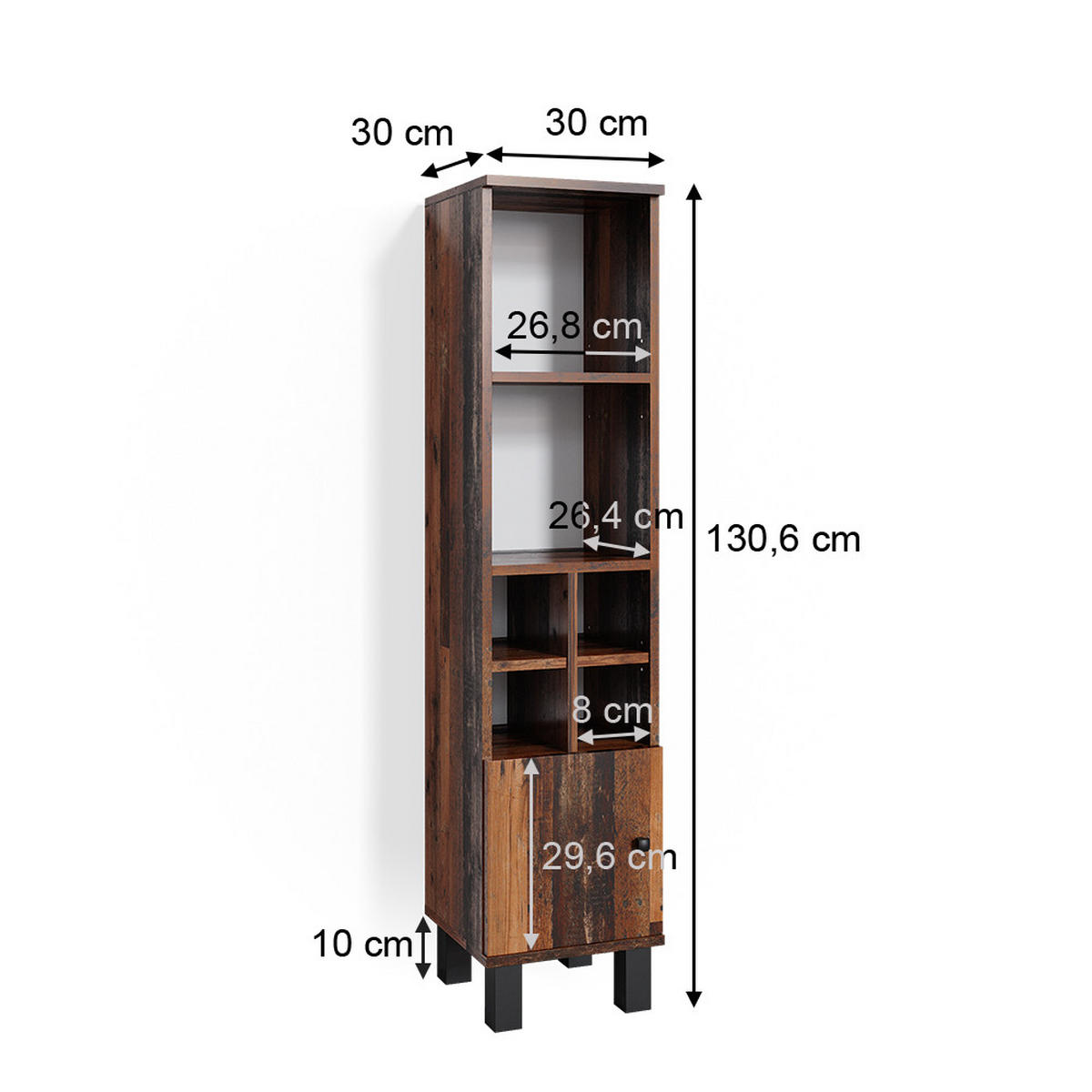 MIDISCHRANK Fynn Eiche rustikal 30 x 130.6 cm kleine Tür - Wildeiche, Holzwerkstoff (30/130.6/30cm) - Vicco