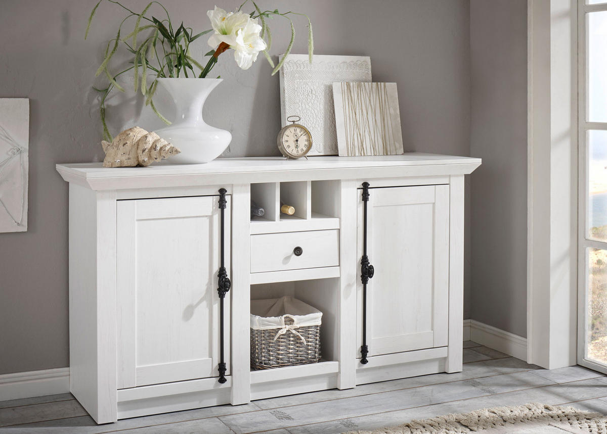 SIDEBOARD weiß Pinie Landhaus, Kommode mit Weinregal 152 x 83 cm - Anthrazit/Weiß, Holzwerkstoff/Metall (152/83/45cm) - Furn.Design