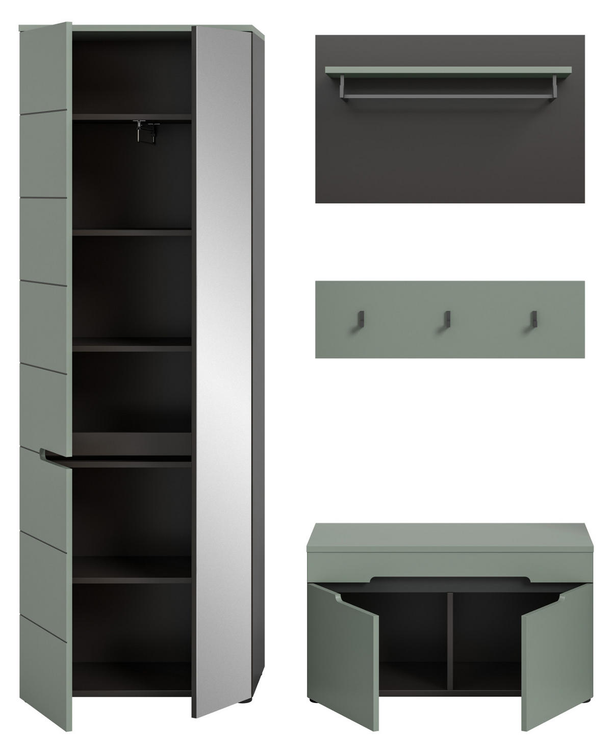GARDEROBE-SET Salbei Grün und Basalt Grau, Garderobe 160 x 190 cm, Soft-Close, Cooper - Salbeigrün/Dunkelgrau, Holzwerkstoff/Kunststoff (160/190/37cm) - Inn.Furn