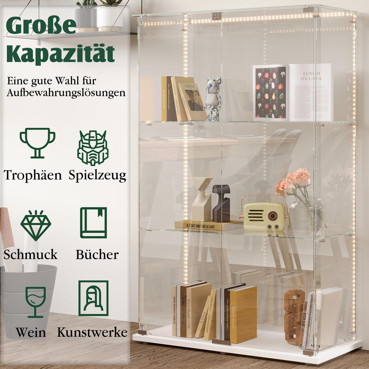 GLASVITRINE freistehend 2 Türen Schloss 3 Einlegeböden LED weiß - Weiß, Holz (78.5/123.3/35cm) - LEBENLANG