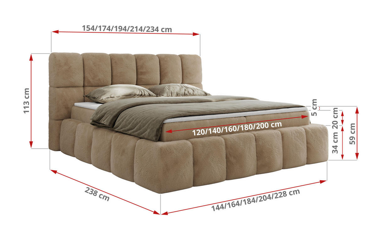 BOXBETT NIRA 200/200 - Beige Plüsch - H4 - Beige, Holz/Textil (200/200cm) - MKS