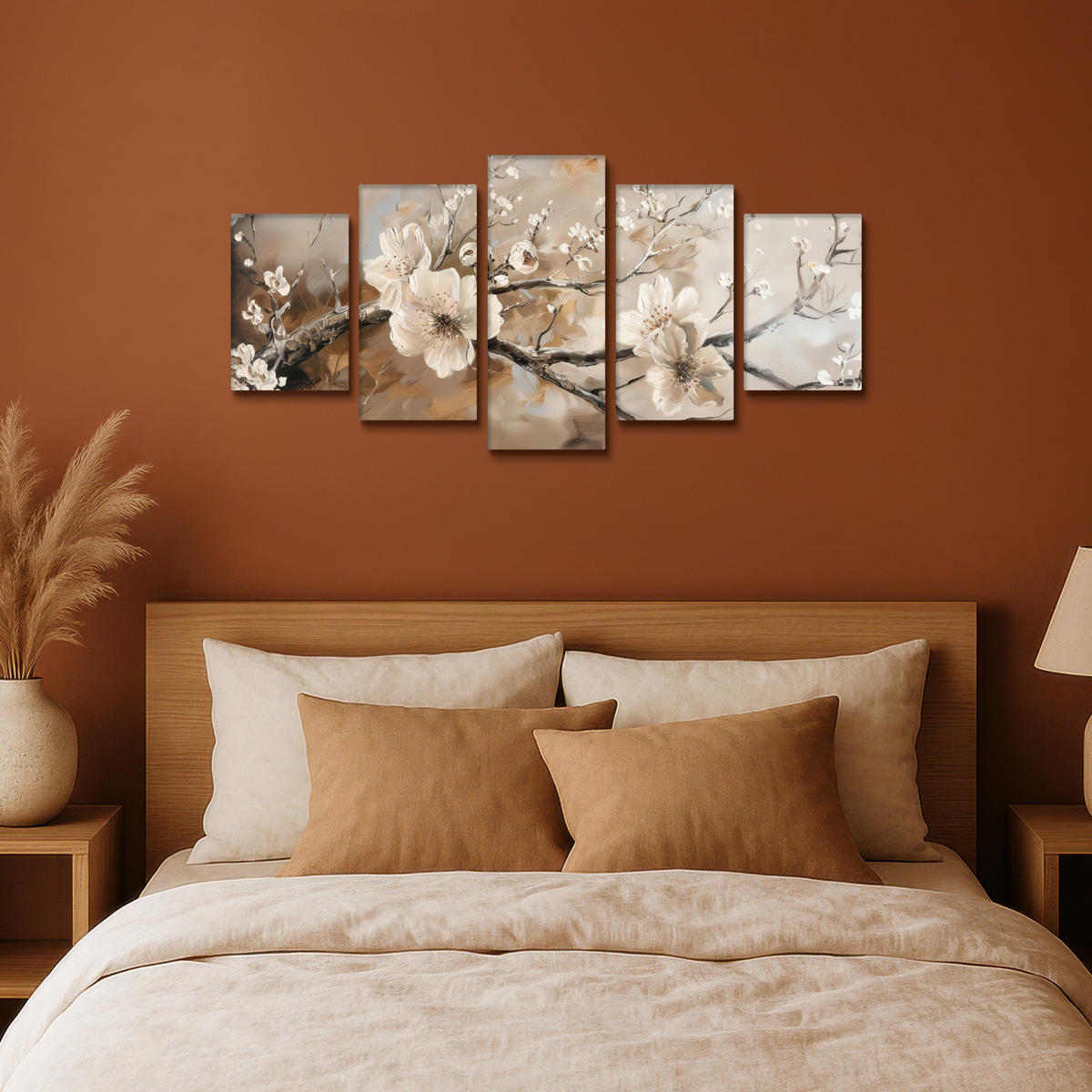 LEINWANDBILD 5er Set Blüte - Beige - Abstrakt - Blumen 100x50 cm - Hellbraun, Textil (100/50cm) - MuchoWow