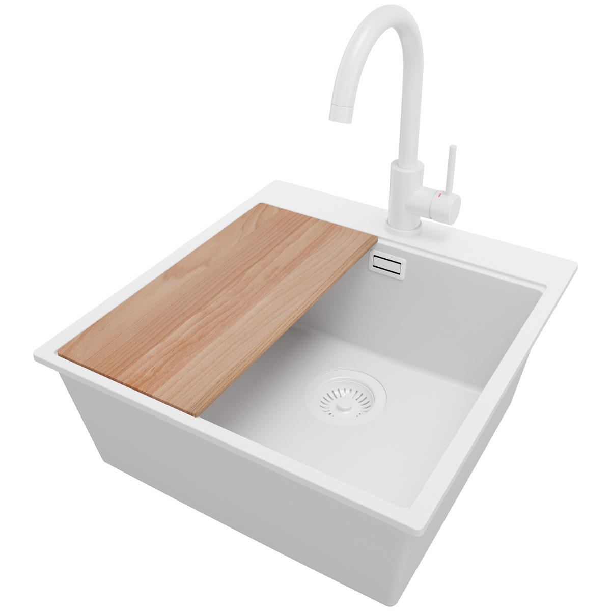 GRANITSPÜLE Oslo, 2-er set Alles Weiß 48/50 cm 1 Becken + Küchenarmatur 32/20 cm + Ablauf-Set + Schneidebrett ab 50er Unterschrank - Beige/Weiß, Kunststoff (48/20/50cm) - Primagran