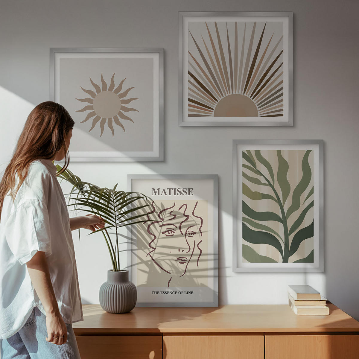 WANDBILDER 4er Set - 50x50 cm & 40x60 cm Silberner Rahmen - Abstrakte Pflanzenmuster - Silberfarben, Kunststoff (50/50cm) - ArtPrintCave
