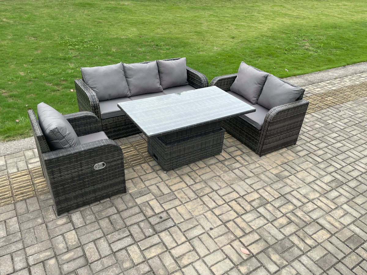 GARTENMÖBEL SET mit 3-Sitzer Sofa, Stuhl Höhenverstellbarer Esstisch 6-Sitzer Grau - Dunkelgrau/Grau, Glas/Kunststoff - Fimous