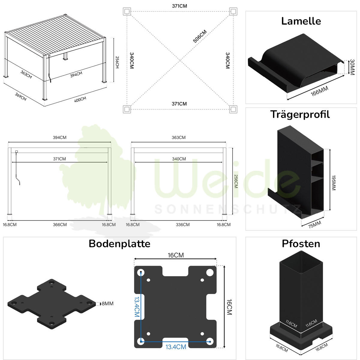PERGOLA Deluxe Pavillon Terrassenüberdachung Aluminium 3,6 x 4 m weiß - Weiß, Metall (360/255/400cm) - WEIDE