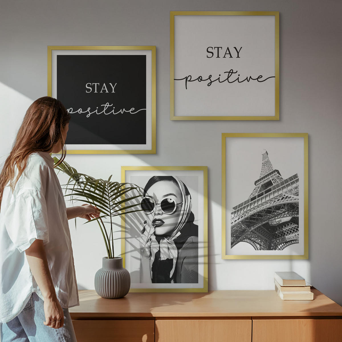 BILDER SET 4er Set - 50x50 cm & 40x60 cm Goldrahmen - Porträts, Eiffelturm-Slogans - Goldfarben, Kunststoff (50/50cm) - TULUP