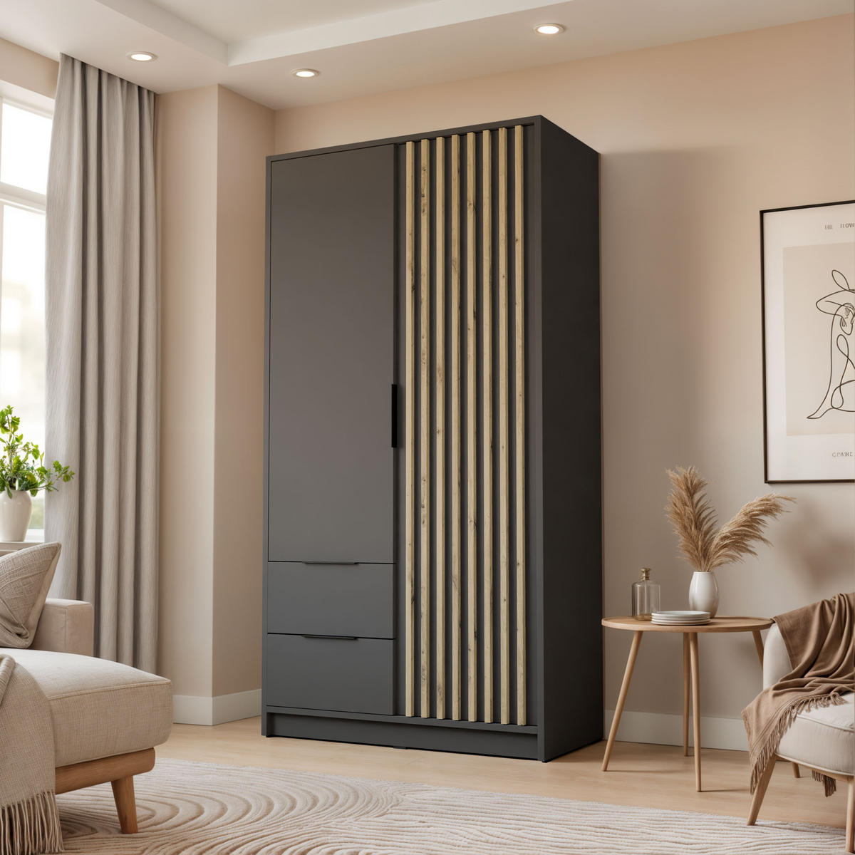 KLEIDERSCHRANK NELA, zweitürig mit Lamellen, 105 cm, Graphit/Artisan - Graphitfarben, Holzwerkstoff (105/200/51cm) - Lookway