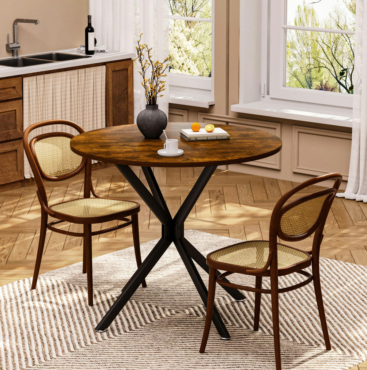 ESSTISCH 90/90/78 cm in Vintagebraun-Schwarz, rund mit Metallbeinen - Schwarz, Holzwerkstoff (90/90/78cm) - Flora Grace