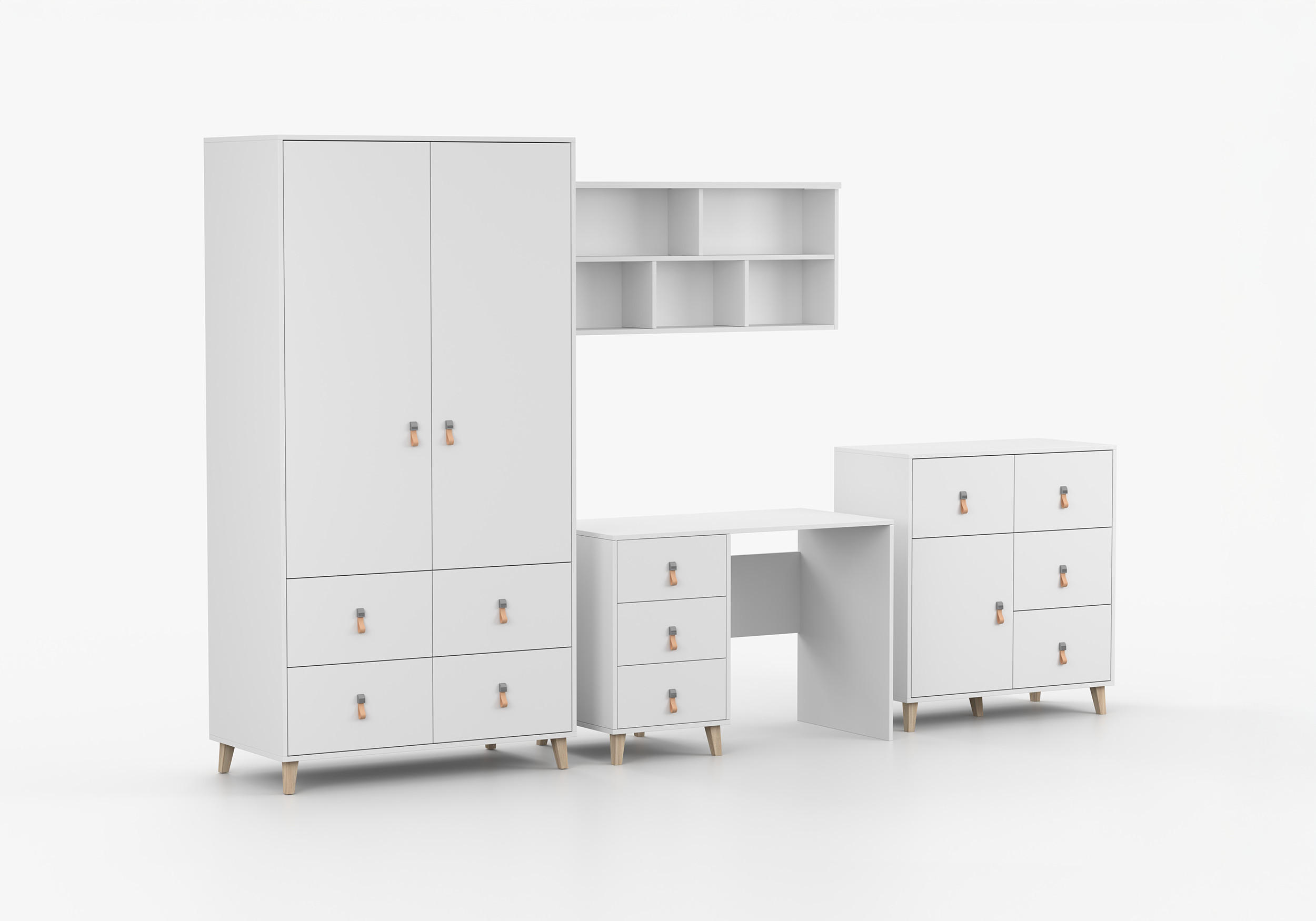 JUGENDZIMMER Svala 4 teilig in Weiß, Skandinavischer Stil, kleiner Kleiderschrank, Schreibtisch, Kommode 03, Wandregal - Weiß, Holzwerkstoff (80/200/120cm)