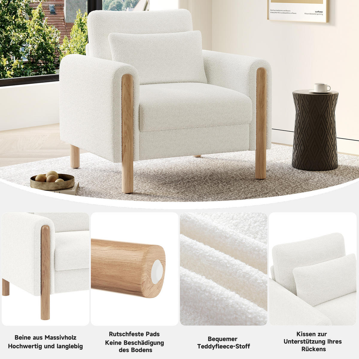 LOUNGESESSEL Teddy-Samt mit dickem Sitzkissen 87/83/88,5 cm Weiß - Weiß, Textil (83/88.5/87cm) - Redom