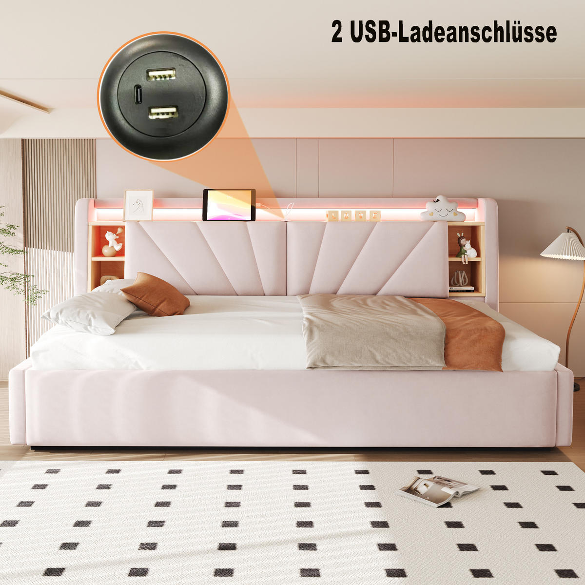 POLSTERBETT 90*200 cm mit LED, USB und Stauraum, Rosa - Pink, Textil (90/200cm) - FLIEKS