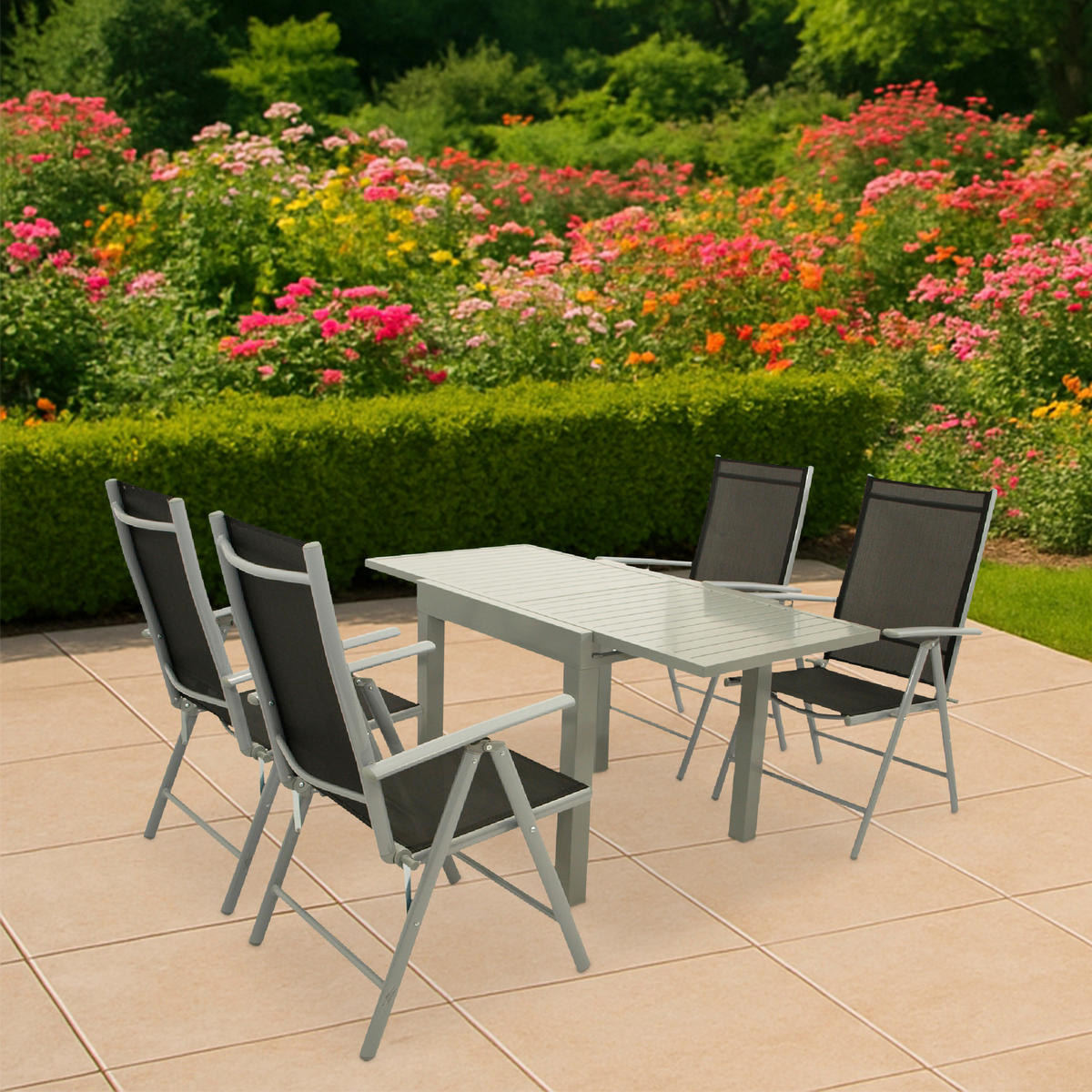 GARTEN-GARNITUR Sunderland - 5-teilige Garten-Essgruppe (4x Klappsessel mit Aluminiumgestell grau, Bespannung Textilene schwarz - Schwarz, Metall - TPFGarden