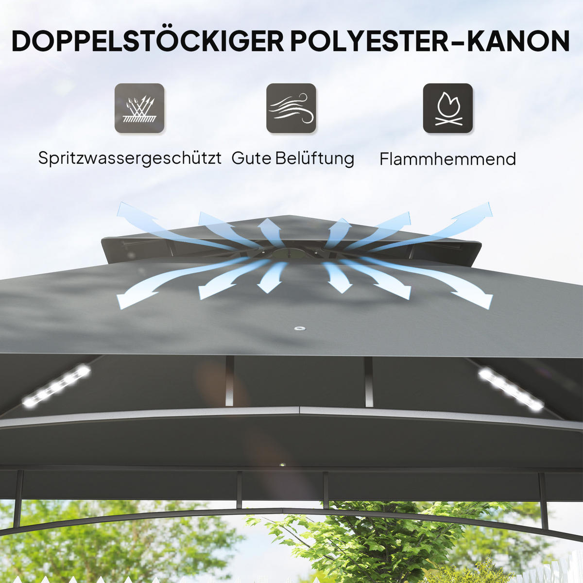 PAVILLONS aus Polyester 240x150x258 cm in Dunkelgrau mit LED-Lichtern - Dunkelgrau, Textil (240/258/150cm) - Modfu