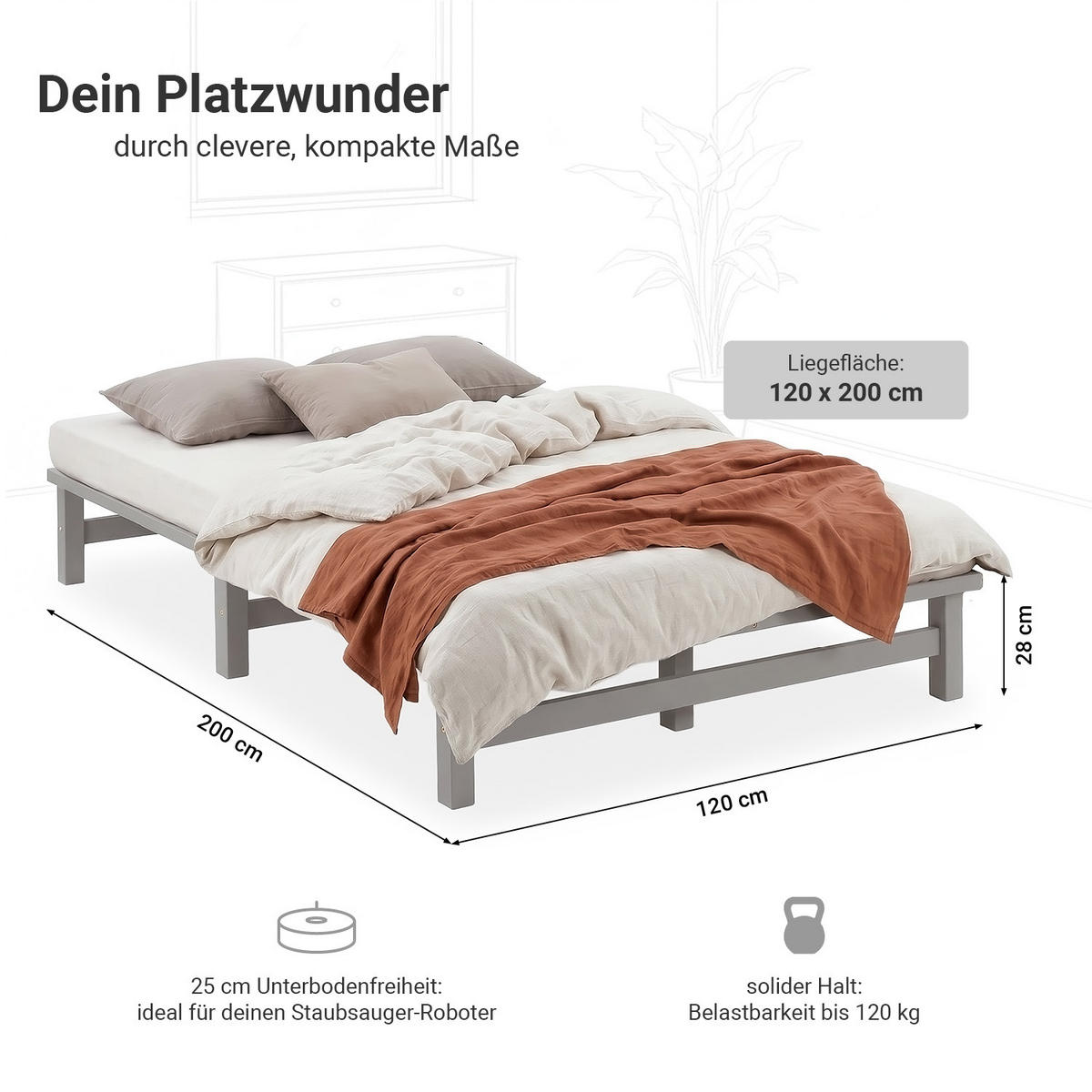 HOLZBETT mit Matratze 120/200 cm grau - Grau, Holz (120/200cm) - Homestyle4u