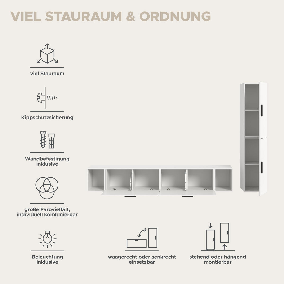 WOHNWAND INKL BELEUCHTUNG The One weiß 259/34/182 cm - Weiß, Holzwerkstoff (259/182/34cm) - Xonox