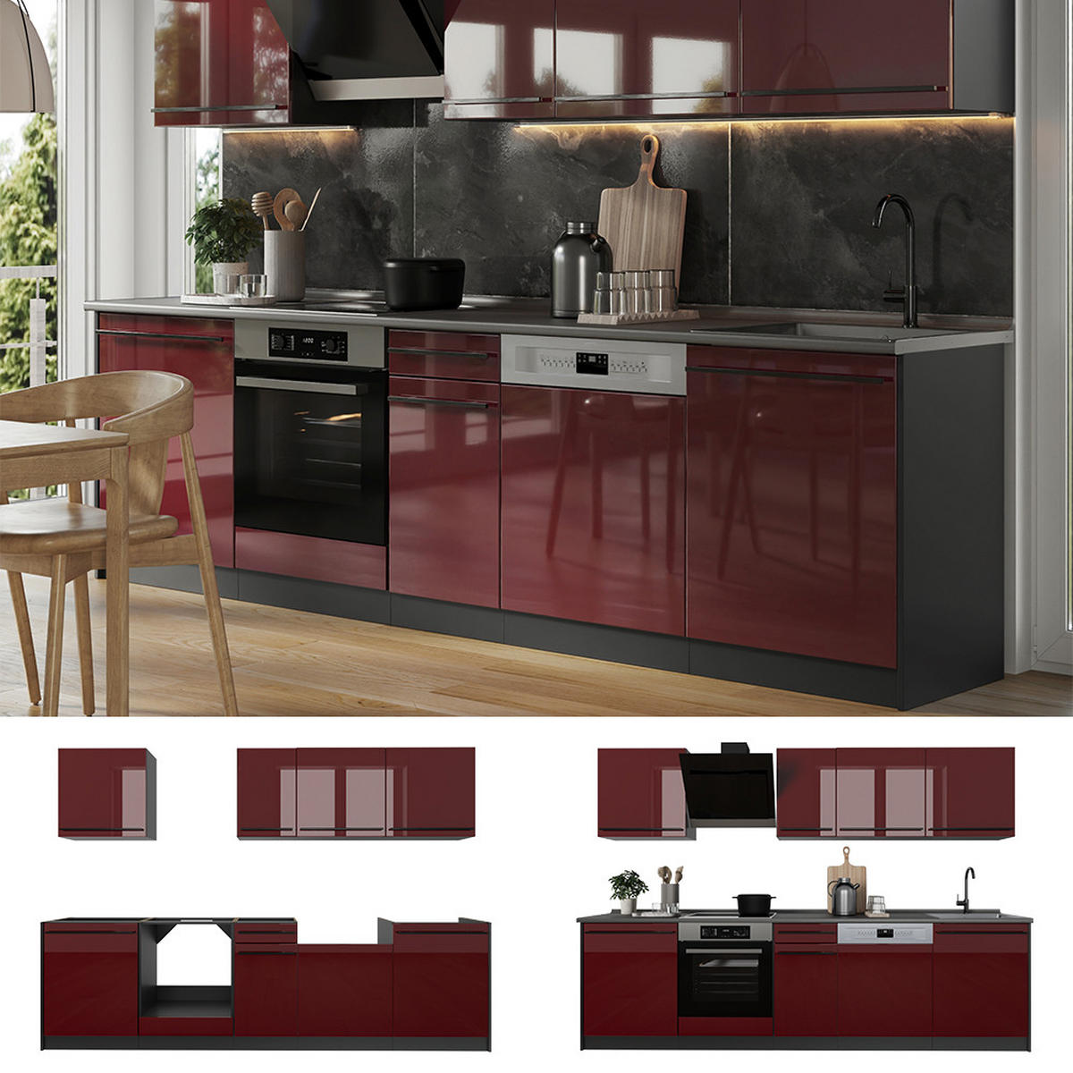 KÜCHENZEILE R-Line, Rot Hochglanz/Anthrazit, 280 cm ohne Arbeitsplatte - Anthrazit/Rot, Holzwerkstoff (280/206.8/46cm) - Vicco
