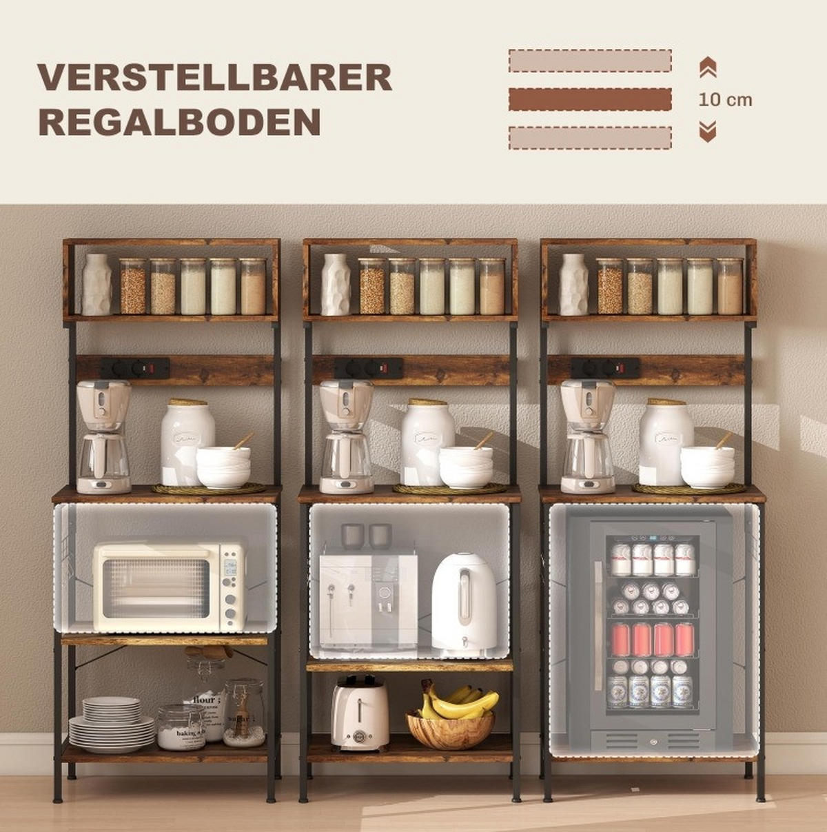 KUECHENREGAL mit Steckdosen 60 x 42 x 153 cm Rustic Brown - Braun, Holz (42/153/60cm) - Beauniv