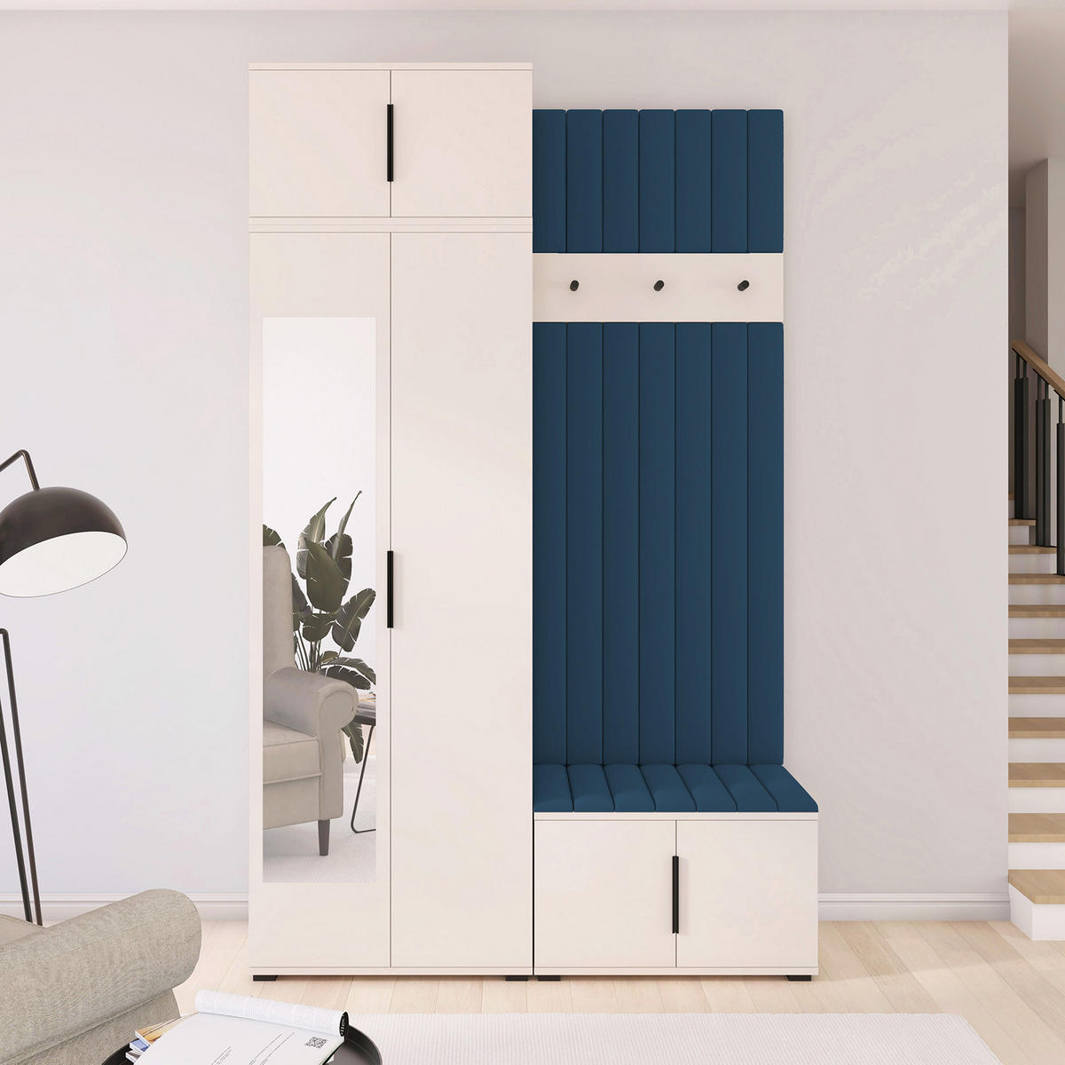 GARDEROBE Napoli version 14 mit Spiegel, mit POLSTERPANEELEN Blau - Blau/Beige, Holzwerkstoff (140/225/40cm) - Jerpax