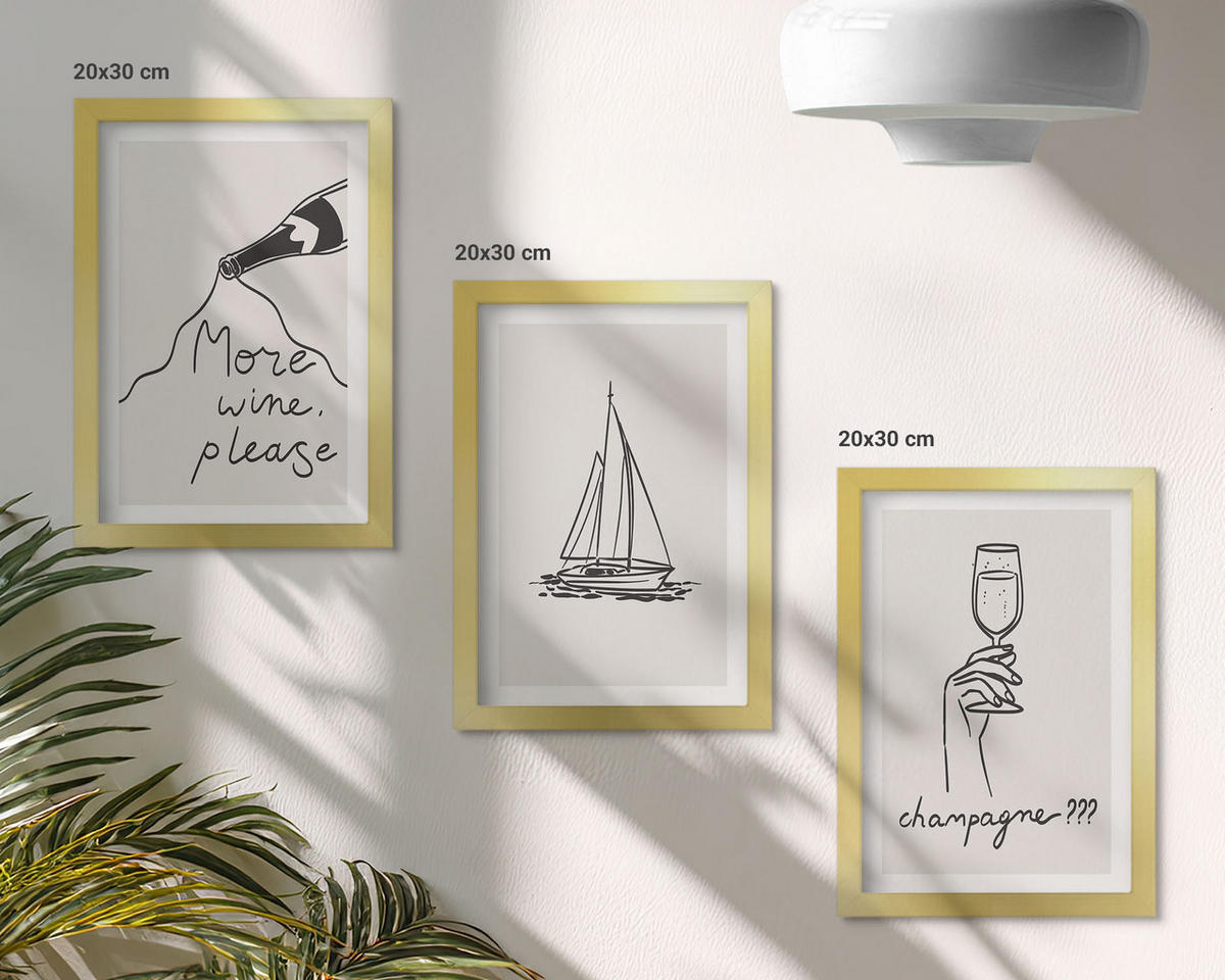 BILDER SET 3er Set - 20x30 cm Goldrahmen - Weinsegelboot-Glas-Linienzeichnung - Goldfarben, Kunststoff (20/30cm) - TULUP