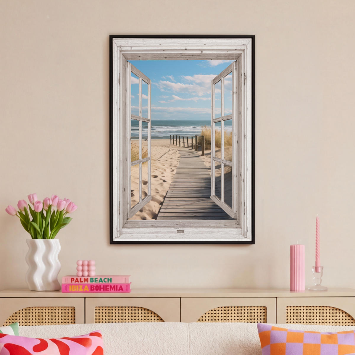 LEINWAND Bilder mit Rahmen - Fenster - Meer - Küste - Natur - Ausblick - Strand - Wattenmeer - 60x90 - Beige, Textil (60/90cm) - MuchoWow