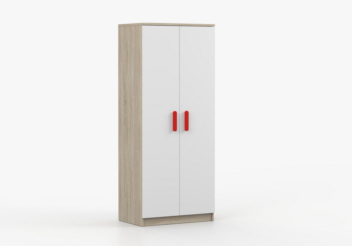 JUGENDZIMMER Elora in Eiche und Weiß – 4-teiliges Set mit Schreibtisch, Kommode, Wandregal und Schrank – Grifffarbe Rot - Braun, Holzwerkstoff (80/200/120cm)