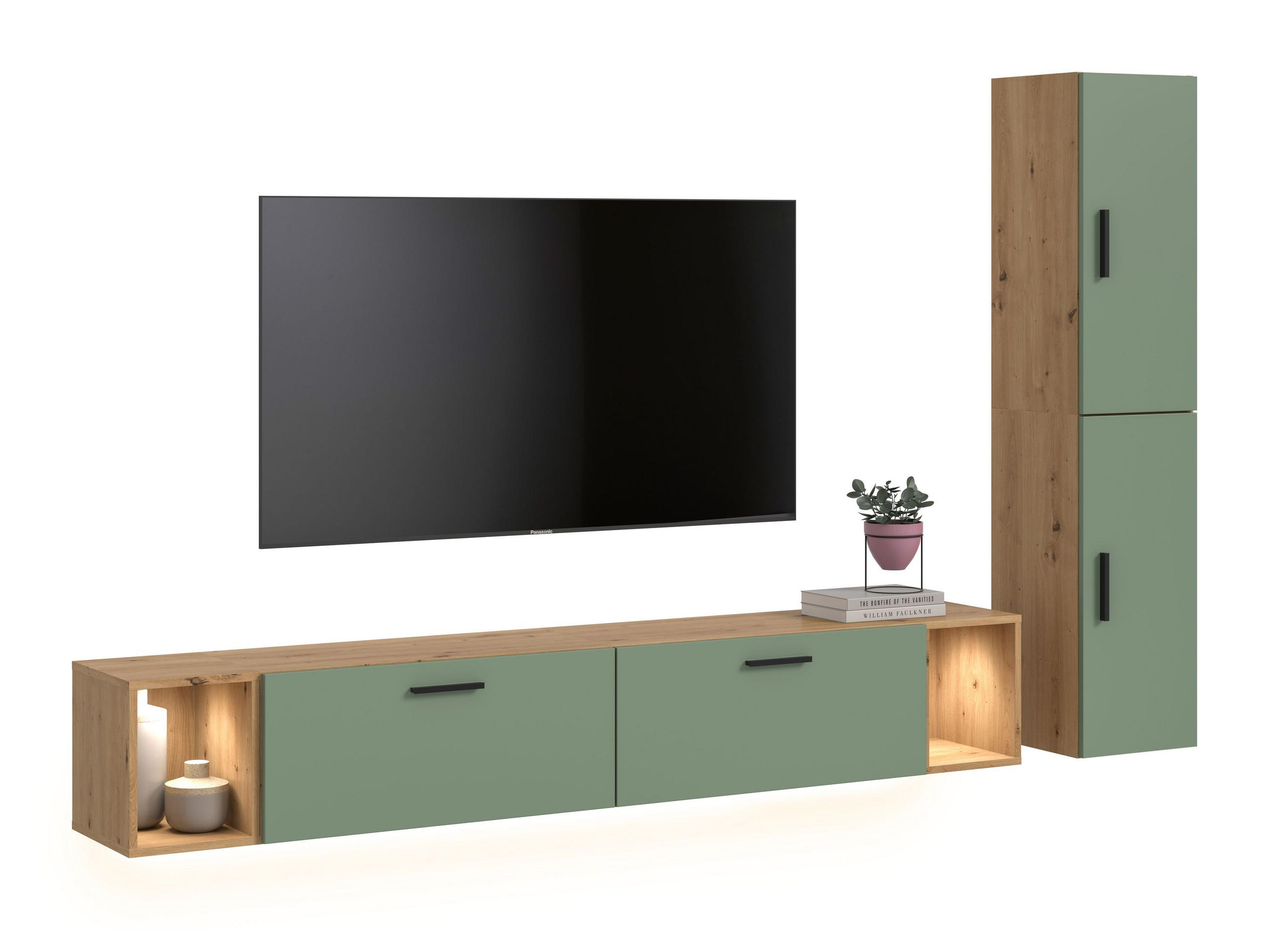 WOHNKOMBINATION inkl Beleuchtung THE ONE (B/H/T: ca. 259/182/34 cm) in Artisan Oak Nachbildung/Smoke Green - Eiche Artisan, Holzwerkstoff (259/182/34cm)