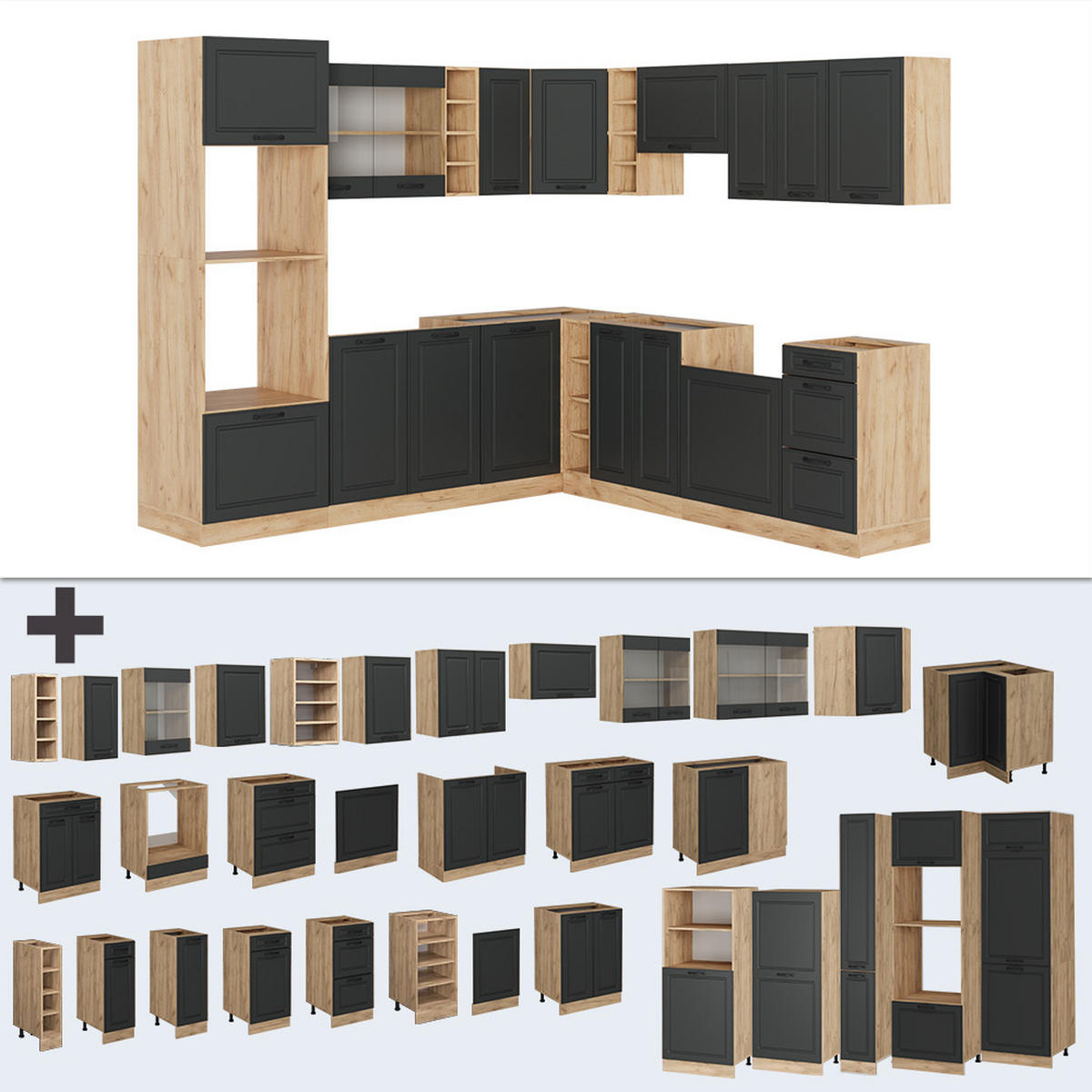 ROHOVÁ KUCHYŇ R-Line Antracitový venkovský dům/zlatý dub - medově dubová/antracitová, kompozitní dřevo (247/81.6/46cm) - Vicco