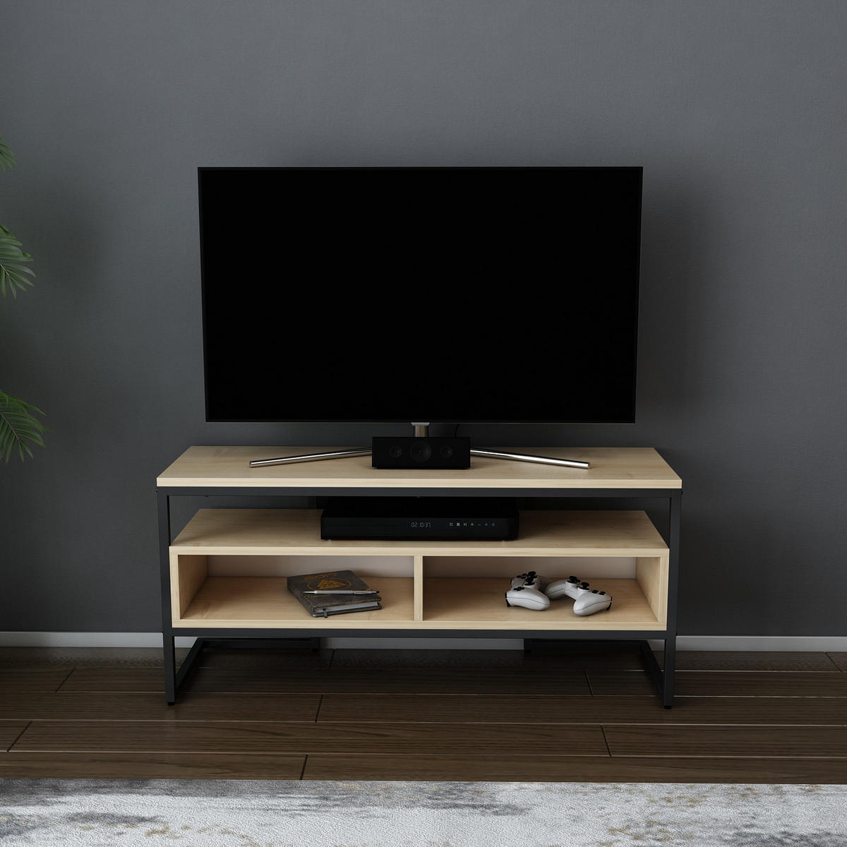 TV-ELEMENT Merrion Schwarz und Eiche Safir - Eichefarben/Schwarz, Holzwerkstoff (111/51/35cm) - Decorotika