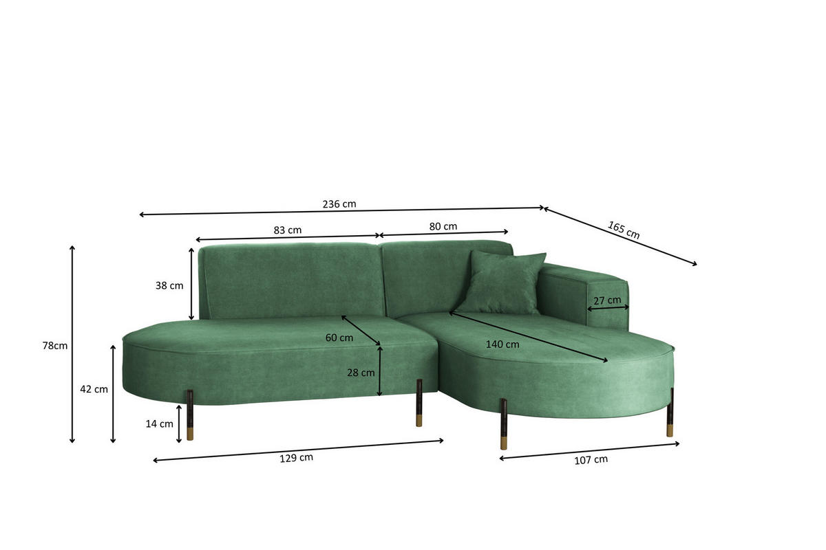 ECKSOFA L-Form Designer Modena Rein Stoff Noel Pistazien Rechts - Hellgrün, Holz/Textil (236/165cm) - Kaiser Möbel