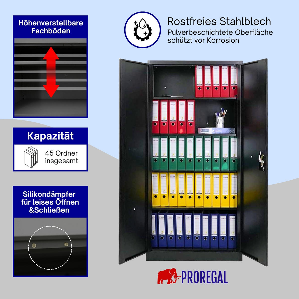 FLÜGELTÜRENSCHRANK Elephant 180x80x40cm 4 Ebenen Schwarz - Schwarz, Metall (80/180/40cm) - PROREGAL