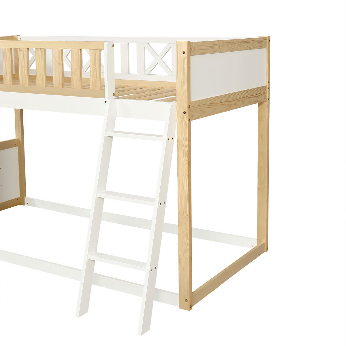 HOCHBETT 90/200 cm in Weiß & Natur Kinderbett mit Tafel, Aufbewahrungsbox und Stauraum Kiefer & MDF - Weiß/Naturfarben, Holzwerkstoff (90/200cm) - STILVORA