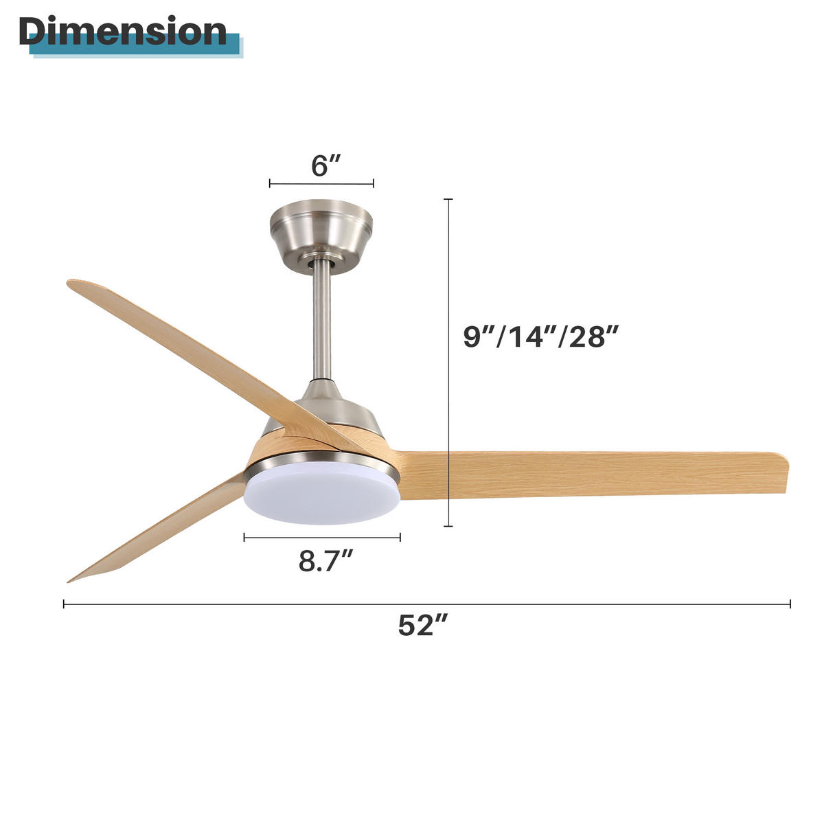 DECKENLEUCHTE mit Ventilator 132CM, 22W LED, 3 ABS-Flügel und Fernbedienung - Nickelfarben, Kunststoff (132/132/36.5cm) - Kaket