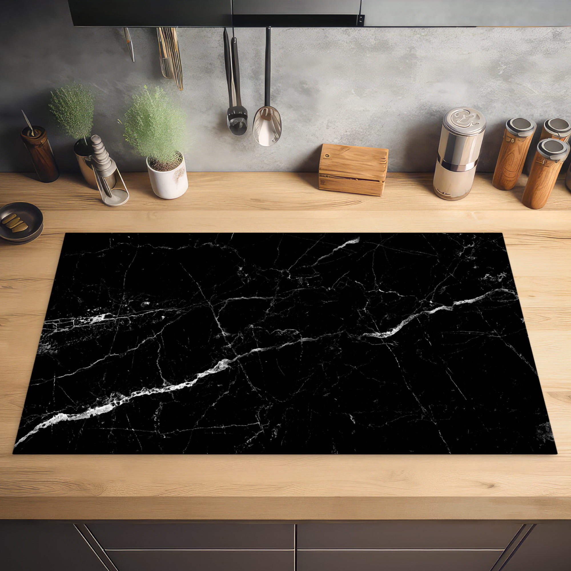 HERDABDECKPLATTE Marmoroptik - Schwarz - Luxus 89x51 cm - Grau, Kunststoff (89.6/0.2/51.6cm) - MuchoWow